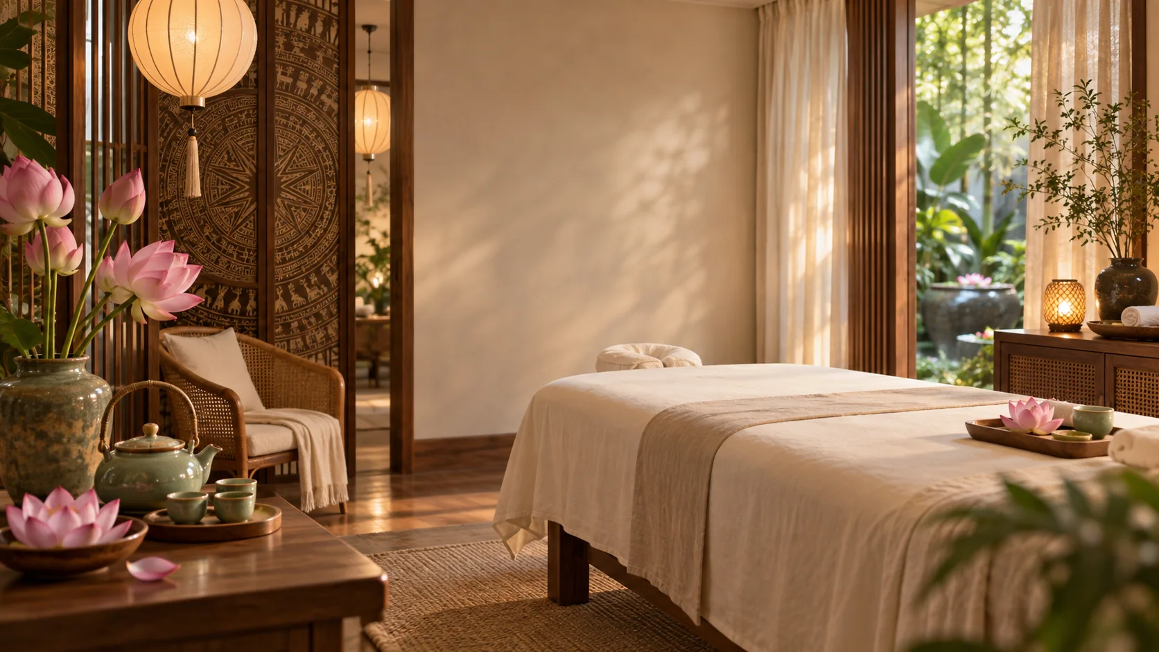 Massage room at Spring Massage in Spring, TX with lotus flowers and warm lantern light